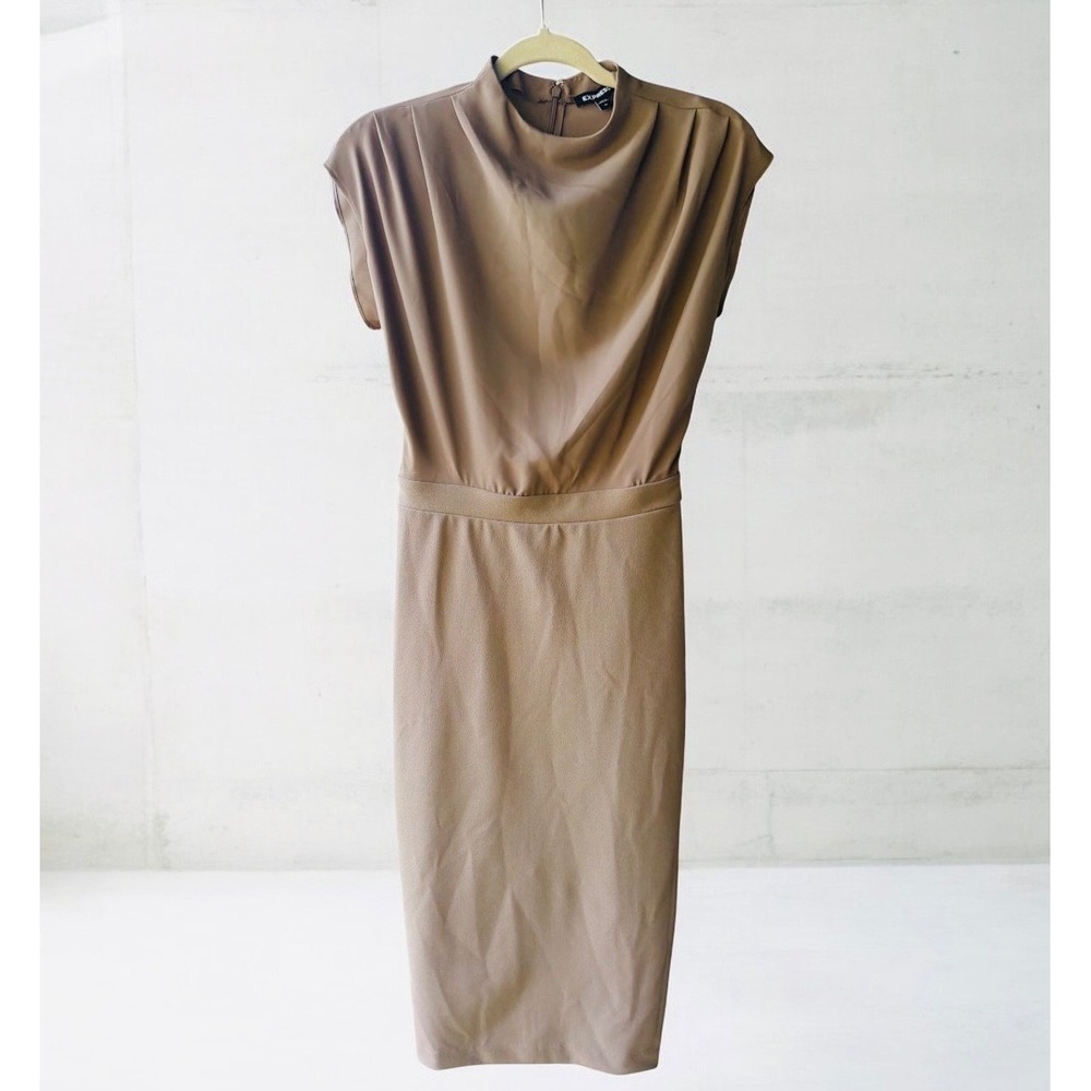 Express Women's Size XS Taupe Mock Neck Sheath Midi Dress Draped Sleeveless